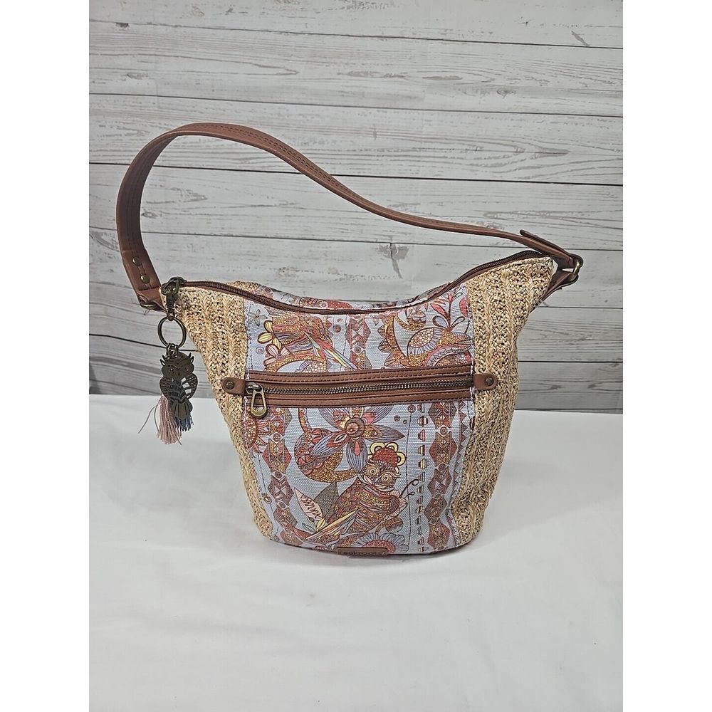 Sakroots Shoulder Bag Owl Crochet Canvas Handbag Brown Blue Boho Charms Tassels